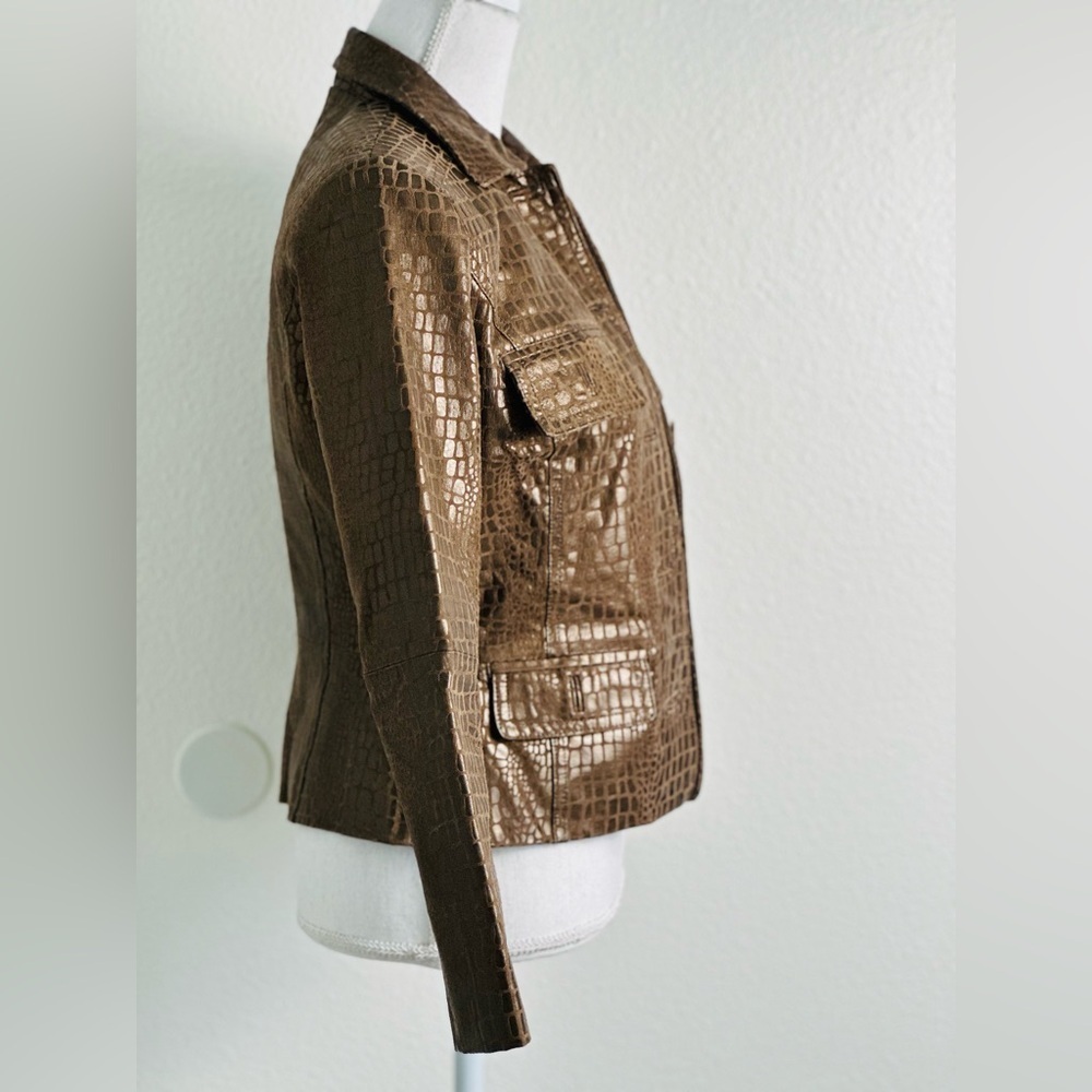 Newport News Croc Embossed Brown Leather Jacket Size 4 - Picture 2 of 6